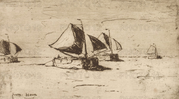 Sailing ships on the Scheldt, print, printmaker: Frans Hens, 1866 - 1928, paper, etching, intaglio printmaking technique, etching with plate tone, height 180 mm x width 285 mm, sailing-ship, sailing-boat, landscapes with waters, waterscapes, seascapes (in the temperate zone), Scheldt, A sepia-toned etching of a calm sea scene with several sailboats; a larger boat with a prominent billowing sail is centered, its darker shaded areas defining sail shape and hull, and smaller boats with triangular sails appear to the left and right on the horizon; thin horizontal lines and scattered short strokes suggest the water surface, and faint scratches and marks cover the sky and background, giving a textured, worn appearance.