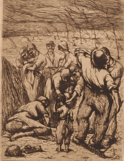 Farm laborers in a field with haystacks, print, annotation: 'Eug. Laermans, Hooien, Kunst v. Heden 1913, No. 8', printmaker: Eugène Laermans, 1891, paper, etching, drypoint, intaglio printmaking technique, height 239 mm x width 178 mm, Given the annotation possibly a later edition of this print., farmers, hay-stack, A detailed sepia-toned drawing shows a group of people clustered in a shoreline or field setting, their clothing rendered with dense crosshatching and flowing lines. Several adult figures stand and bend, some with hats, one with a bowed head, and others leaning over a small child who faces away from the viewer. One figure appears seated or reclined on the ground with legs bent, another figure embraces a child or smaller person. In the background there is a horizontal expanse suggesting water or low land with distant, low mounds and sparse, thin trees or reeds rising up and leaning. The sky above is filled with long, horizontal, textured strokes. In the foreground there are ...