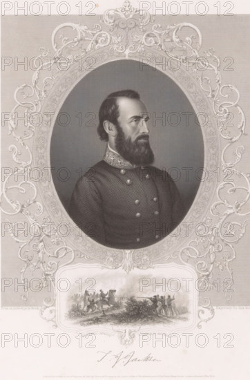 Portrait of General Stonewall Jackson, print, Portrait of General Thomas Jonathan 'Stonewall' Jackson, Oval, half-length, facing right. Below the portrait is a small scene from the 1863 battle in which Jackson is mortally wounded and his signature. After the 1863 photograph by Brady., United States of America, after photo by Mathew Benjamin Brady, publisher: Virtue & Yorston, New York (city), 1863 - 1890, Mathew Benjamin Brady, printmaker, North America, paper, steel engraving, height 280 mm x width 220 mm, Person, Thomas Jonathan 'Stonewall' Jackson, commander-in-chief, general, marshal, American Civil War, Period, 1863, A monochrome engraved portrait shows a bearded man in three-quarter profile facing right, wearing a dark double-breasted military coat with ornate collar embroidery and metal buttons; his hair is combed back and he has a full beard and mustache. The portrait sits within an oval frame surrounded by elaborate decorative scrollwork and floral motifs. Below the oval is a ...