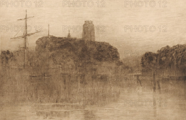 View of the Nieuwe Haven in Dordrecht at evening, print, On the left the mast of a sailing ship. In the background the tower of the Grote or Onze-Lieve-Vrouwekerk., number: '382', printmaker: Carel Nicolaas Storm van 's-Gravesande (signed by artist), Netherlands, 1889 - 1903, Carel Nicolaas Storm van 's-Gravesande, paper, drypoint, intaglio printmaking technique, height 138 mm x width 201 mm, Possibly mentioned in: Storm van 's-Gravesande, Charles. Catalogue des eaux-fortes et lithographies. New York: sn, 1903, or in an unknown later edition of the manuscript. Presumably listed as catalogue number 382., harbour, parts of church exterior and annexes: tower, evening, Dordrecht, Grote of Onze-Lieve-Vrouwekerk, A monochrome sketch showing a riverside scene with a tall ship mast and rigging on the left, a cluster of dense trees and foliage across the middle, and a large vertical tower rising behind the trees toward the center; faint reflections of the trees and some small rowboats appear in...