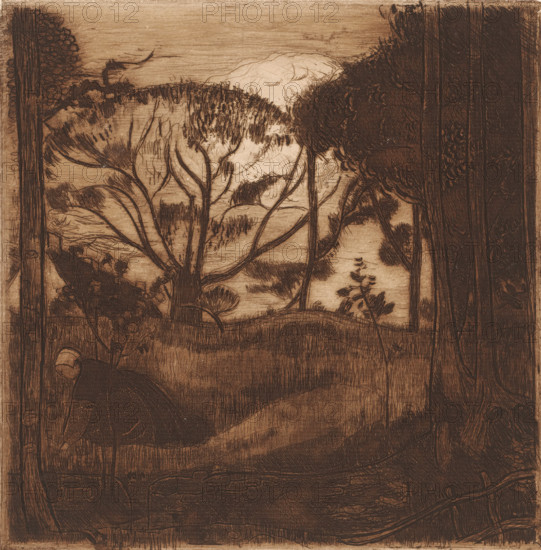 The Gleaner, Wheat field surrounded by trees, with a kneeling gleaner on the left, print, printmaker: Armand Seguin (signed by artist), publisher: André Marty, 1894, paper, etching, drypoint, roulette, intaglio printmaking technique, aquatint, plate tone and aquatint in brown, height 228 mm x width 228 mm, field filled with a crop, gleaning, A sepia-toned etching showing a landscape framed by vertical wooden posts and dense foliage, with bare-branched trees in the foreground and more textured, leafy trees to the sides; rolling hills and grassy slopes recede toward a pale sky with faint cloudlike shapes, and various clusters of shrubs and ground plants dot the scene; crosshatched and linear engraving marks create dark shadows and textured surfaces throughout.