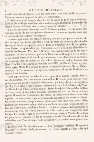 Portrait of actor Rosières in the role of Bailly, Rosieres, Galerie théâtrale ou collection des portraits en pied des principaux acteurs des premiers théâtres de la capitale, Portraits of actors from the first theaters of Paris, print, Series number, 27, Consists of a print and four pages of information about the actor., : 'Submitted to the Don. de la Librairie', collector's mark: 'Circle stamped in purple surrounded by the words 'School for graphic arts in Utrecht'', printmaker: Jean Prud'hon, after drawing by Antoine Favart, printer (person): Langlois, writer (clerical worker): Sampier, 1812 - 1834, Jean Prud'hon, Antoine Favart, Langlois, Sampier, printmaker, after drawing by, printer (person), writer (clerical worker), paper, stipple work, color printing, stipple work in colors, height 274 mm x width 219 mm, Person, Rosières, historical persons, actor (on the stage), A faded page from a book showing a dense block of printed text with a centered heading near the top in larger type, ...
