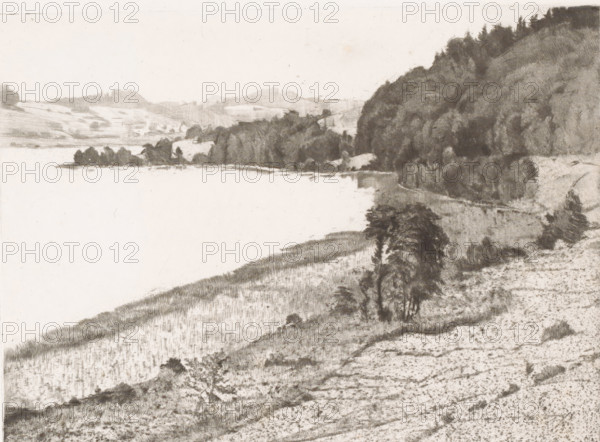 Landscape with a lake, print, printmaker: Paul Herrmann (signed by artist), 1914, paper, drypoint, roulette, mezzotint, height 197 mm x width 268 mm, lake, A wide grayscale landscape showing a calm body of water along a shoreline with grassy banks and scattered trees; the right side features a densely wooded hillside with darker foliage and a narrow strip of land at the water’s edge, while the left side opens to distant low hills and more open fields with faint vegetation; the foreground is dominated by textured grassy slopes and isolated trees, with varied shading and pencil-like strokes throughout.