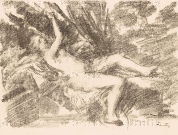 Le Réveil, Naked woman awakens, print, book illustration, printmaker: Henri Fantin-Latour, publisher: Librairie Centrale des Beaux-Arts, Paris, 1906, paper, chalk lithograph, proof, height 258 mm x width 311 mm, Proof for print, used for: L. Bénédite, L'oeuvre de Fantin-Latour, Paris 1906., the (nude) human figure, 'Corpo humano' (Ripa) - AA - female human figure, woman (showing herself) undressed, quasi-nude, waking up, A monochrome charcoal sketch fills the paper with soft, smudged shading and energetic, overlapping strokes. A reclining figure lies across draped fabric, with an exposed back and limbs rendered in lighter tones against darker surrounding shadows. Flowing lines suggest folds of cloth beneath and around the figure, and loose, textured marks form a dense backdrop that frames the scene. The overall composition emphasizes contrast between the pale areas of skin and the richly shaded, crosshatched regions, with gestural marks creating a sense of movement and depth across the...
