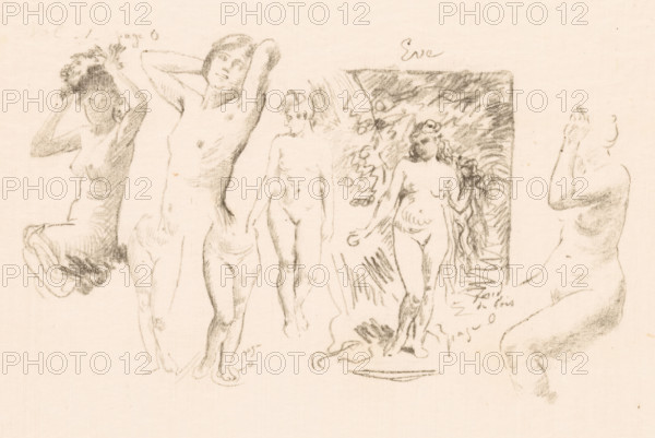 Study sheet with six naked women and Eva, print, book illustration, annotation: 'Vol., page 0, Eve, Fond de bois, page 0', printmaker: Henri Fantin-Latour, publisher: Librairie Centrale des Beaux-Arts, Paris, c. 1906, paper, chalk lithograph, proof, height 230 mm x width 295 mm, Proof for print, used for: L. Bénédite, L'oeuvre de Fantin-Latour, Paris 1906., the (nude) human figure, 'Corpo humano' (Ripa) - AA - female human figure, Eve (alone) holding the fruit, woman (showing herself) undressed, quasi-nude, A wide, pale paper page with several charcoal sketches of nude female figures arranged across the sheet, each drawn in loose, gestural lines. The figures show different poses: a seated woman with her arms raised toward her head and a dark, textured mass around her head; a standing woman with arms lifted behind her head and a soft, shadowed face; a slender, frontal figure walking with arms hanging down; a more detailed, upright figure framed by dense, hatched shading and surrounded b...