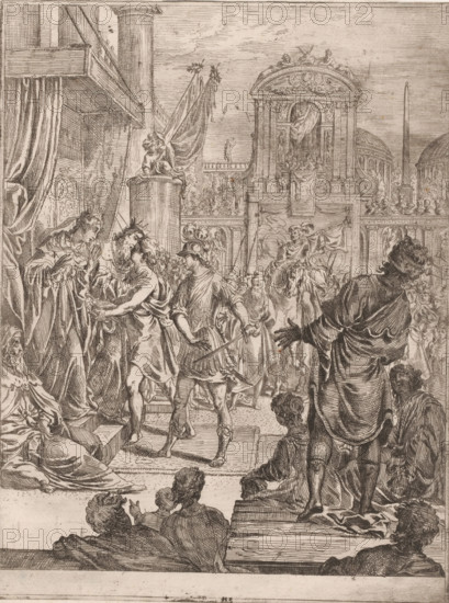 Paris makes itself known to Hector Priamus, print, printmaker: attributed to Pierre Lemaire, after design by Claude Vignon, 1622 - 1688, Attributed to, paper, etching, intaglio printmaking technique, height 276 mm x width 208 mm, Paris is brought back into the battle, Hector challenges the Greeks to a single combat (Iliad VI-VII), A detailed monochrome engraving shows a crowded scene in an ornate architectural setting with columns, drapery, and a raised platform. Figures in classical robes and armor occupy the foreground, some embracing, others gesturing or holding weapons. A crowned figure stands near the platform while a soldier with a helmet and sword leads a barefoot youth forward. In the middle distance a mounted rider waves a cloak and a procession of onlookers fills the space. Decorative statues, banners, and an elaborate arch with sculptural reliefs and draped fabric rise in the background, flanked by domed buildings and slender obelisks. The composition includes a variety of f...