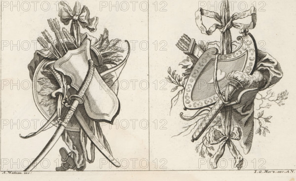 Trophies with weapons, Newly invented victories and honors symbols. Other part. Second Book of Trophies, print, album page, ornamental print, Series number, 3, 6, Two trophies with shields and weapons such as arrows, bows, sabers, a quiver, and a torch. Numbered B in the upper right. Print is part of an album with a series of six trophies., printmaker, after design by, publisher, Bavaria, Augsburg, Jean Antoine Watteau, paper, etching, height 143 mm x width 245 mm, weapons, trophy, ie: decorative arrangement of symbolic or typical objects, ornament, A detailed ink drawing divided by a vertical line into two panels, each showing a decorative arrangement of armor and weapons tied with ribbons and drapery; on the left a curved shield, a helmet with a plume, arrows fletched with feathers, a sheathed sword with an ornate hilt, and flowing fabric folds with a tied bow near the top; on the right a decorated shield with patterned edging, a quiver with arrows, a cylindrical object resembling a ...