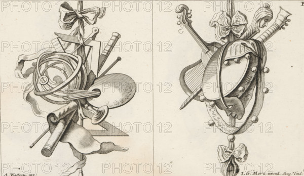 Trophies with measuring instruments and musical instruments, Newly Invented Victories and Honors Signs. Other Part. Second Book of Trophies, print, album page, ornamental print, Series number, 5, 6, Left: a trophy with an armillary sphere, a telescope, a painter's palette, and measuring instruments. Right: a trophy with a mask and musical instruments such as a guitar and a tambourine. Numbered B in the upper right. Print is part of an album with a series of six trophies., printmaker, after design by, publisher, Bavaria, Augsburg, Jean Antoine Watteau, paper, etching, height 144 mm x width 246 mm, musical instruments, group of musical instruments, trophy, ie: decorative arrangement of symbolic or typical objects, ornament, measuring-instruments, The image shows a detailed black and white engraving of two separate ornamental groupings divided by a vertical line. On the left side there is a cluster of objects including a palette with brushes, a horned circular instrument, a rolled scroll,...