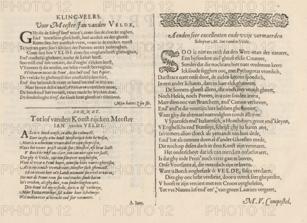 Three Dutch threshold poems, Spieghel der schrijfkonste, album page, text sheet, Text sheet with three Dutch threshold poems, in two columns. The right column begins with an ornamental border of fleurons and a decorated initial S. The text sheet is part of an album., writer (clerical worker): Antonius Smyters, writer (clerical worker): A. Jans, writer (clerical worker): MV Compostel, publisher: Cornelis Claesz., Amsterdam, dedicated to: Jan van de Velde (I), 1608, writer (clerical worker), paper, letterpress printing, text in letterpress, height 260 mm x width 370 mm, initial, A close-up of an aged printed page with two columns separated by a thin vertical line, featuring ornate decorative flourishes near the top and a large decorative initial in the right column, with dense blocks of small serif type across both columns, varying font sizes and styles, visible ink impressions and slight paper discoloration, and a faint horizontal rule between sections, all on a cream-colored, slightly ...