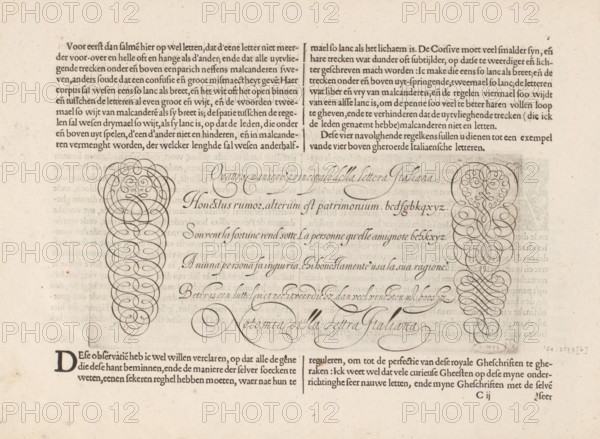 Beschrijvinghe vande Italiaensche Letter, Beschrijving van de Italiaanse letter (vervolg) en een schrijfvoorbeeld, Spieghel der schrijfkonste, print, albumblad, text sheet, Folio C2r met een vervolg van de beschrijving van de Italiaanse letteren en een schrijfvoorbeeld met vier regels tekst in vier handen, Titel: Quattro maniere principale della lettera Italiana. The sheet is part of an album., printmaker: Simon Frisius, after design by Jan van de Velde (I), publisher: Cornelis Claesz., Amsterdam, 1605, 1608, writer (clerical worker), paper, engraving, letterpress printing, engraving and text in letterpress, height 108 mm x width 235 mm, height 260 mm x width 370 mm, calligraphy, A sepia-toned page shows printed paragraphs at the top and bottom with a wide blank margin in the center containing ornate pen flourishes and decorative scrollwork mirrored on left and right; the central area features elegant looping calligraphic lines forming long vertical oval motifs and sweeping curves, wit...