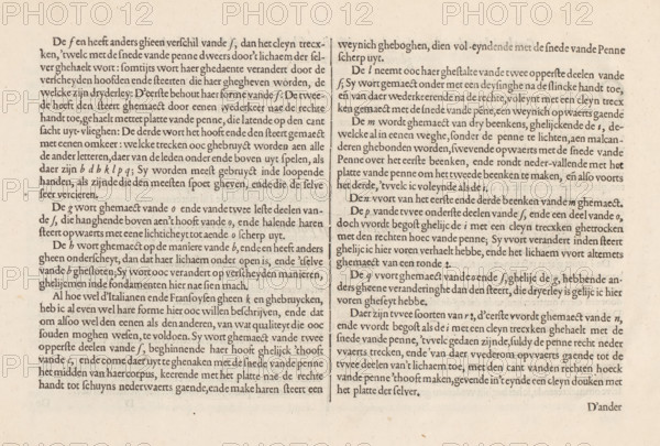 Description of writing the Italian letter (continuation), Short report and substantiation of how the Italian letters must be made individually, Mirror of the art of writing, album page, text sheet, Folio D1v with the continuation of the instruction on how the Italian letter must be written. The page is part of an album., writer (clerical worker): Jan van de Velde (I), publisher: Cornelis Claesz., Amsterdam, 1608, writer (clerical worker), paper, letterpress printing, text in letterpress, height 260 mm x width 370 mm, A close-up of a sheet of aged paper filled with dense printed text arranged in two vertical columns separated by a thin vertical rule, showing dark serif type on a creamy, slightly browned background with visible paper texture and small scattered spots; the left column appears fuller while the right column includes slightly shorter lines near the top and a small blank margin area at the bottom, and faint irregularities in ink intensity create subtle variations in letter da...