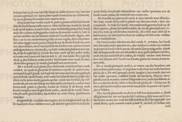 Instruction on writing Dutch literature (second continuation), Underpinning of Dutch broad and small letters, Mirror of the art of writing, album page, text sheet, Folio G1r with the second continuation of the instruction on writing Dutch literature. The page is part of an album., writer (clerical worker): Jan van de Velde (I), publisher: Cornelis Claesz., Amsterdam, 1608, writer (clerical worker), paper, letterpress printing, text in letterpress, height 260 mm x width 370 mm, Aged paper with two columns of printed text divided by a thin vertical rule, the type set in a serif style with uneven ink density, margins showing slight discoloration, and faint spotting and mottling across the sheet.