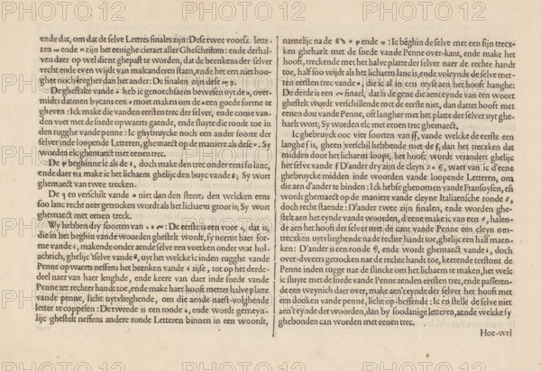 Onderrechtinghe der Nederlantsche grove ende cleyne letteren, Instructie bij het schrijven van de Nederlandse letteren (derde vervolg), Spieghel der schrijfkonste, albumblad, text sheet, Folio G1v with the third continuation of the instruction on writing Dutch letters. The sheet is part of an album., writer (clerical worker): Jan van de Velde (I), publisher: Cornelis Claesz., Amsterdam, 1608, writer (clerical worker), paper, letterpress printing, text in letterpress, height 260 mm x width 370 mm, A close-up image of an aged printed page divided by a vertical rule into two columns of dense, small serif text, with slightly darker ink on a cream-colored, textured paper that shows subtle spotting and a few small stains, the left margin wider and the right column ending higher than the left, and the lower edge showing more blank space.