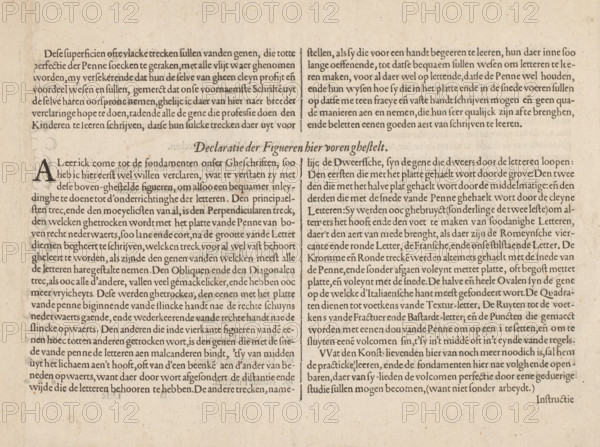 Instruction on how to hold the reed pen (second continuation) with an explanation of the examples on the previous page, How to hold the pen properly, Mirror of writing, album page, text sheet, Folio B1v. Instruction on how to hold the reed pen (second continuation) with an explanation of the examples on the previous page. The text begins with a small initial A. The text sheet is part of an album., writer (clerical worker): Jan van de Velde (I), publisher: Cornelis Claesz., Amsterdam, 1608, writer (clerical worker), paper, letterpress printing, text in letterpress, height 260 mm x width 370 mm, A sheet of aged paper with dense blocks of printed text arranged in two columns divided by a thin vertical rule, showing a centered decorative heading set slightly apart from the surrounding text, a large ornate initial at the start of a paragraph, and narrow margins; the paper has a warm beige tone with visible fiber texture and small spots and speckles, slight unevenness and faint creases, and ...