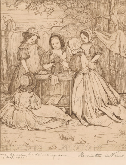 Girls playing outside with a doll, print, dedication: 'for Agnieta, in memory of, Dec 19, 1921.', printmaker: Henriëtte de Vries (signed by artist), dedicated to: Agnieta Cornelia Gijswijt (signed by artist), in or after c. 1921, paper, etching, drypoint, intaglio printmaking technique, height 304 mm x width 240 mm, girl (child between toddler and youth), (playing with) dolls, A detailed line drawing shows a group of young girls gathered around a small wooden table in an outdoor setting, wearing long dresses with puffed sleeves and bonnets or hats; one girl sits on the ground with her back to the viewer while others stand or lean around the table, two of them closely focused on a small doll held by the girl at the center; rough wooden fencing and fabric draped over the fence form the backdrop, with tree trunks and branches overhead and sparse grass and scattered leaves on the ground.