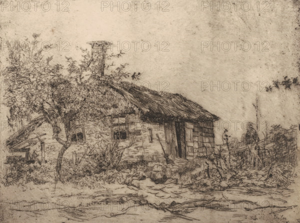 Farmhouse (Giethoorn) (original title), Farm and fruit tree in landscape, print, printmaker: Willem Bastiaan Tholen, 1886, paper, zinc etching, intaglio printmaking technique, zinc etching with plate tone, printed in black and white, height 177 mm x width 235 mm, Print appeared in 1886 as part of the first, annual, publication of the 'Portefeuille der Nederlandsche Etsclub'., farm or solitary house in landscape, Giethoorn, A sketch of a rustic scene shows a small building with a thatched roof and a chimney, partially obscured by leafy trees and vegetation, with detailed lines indicating brickwork, windows, and wooden beams; a fence and posts appear near the right side, and various plants and shrubs fill the foreground and surround the structure, while a wide expanse of lightly shaded sky occupies the upper portion of the image.