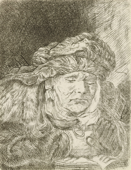 Old woman sleeping, print, album page, Print is part of an album., printmaker, after print by, Rembrandt van Rijn, paper, etching, pasted onto album page, height 65 mm x width 51 mm, Copy after the print of the same name by Rembrandt. Print possibly forms part of a series of 200 prints. This series was first published by JM Greery in 1816 under the title 'A Collection of two hundred original etchings'., sleeping, unconsciousness, A detailed pen-and-ink portrait of an older person wearing a large, wrapped headscarf and heavy outer garments, the face shown with closed eyes and a downturned mouth, marked by fine lines and wrinkles. The headscarf has multiple folds and textured shading, and long wavy hair emerges beneath it. The clothing includes a fur-like collar and layered fabric with visible stitching and crosshatching. The background is densely hatched on one side and more sparsely hatched on the other, creating contrast behind the figure. The overall image is monochrome with intricat...
