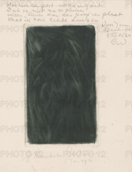 Abstract composition, print, inscription: 'For Jan Havermans Feb 5, '20 EW', inscription: 'What kind of pest-work goes into this, that cannot be fathomed, No, rather than a copper plate, I’d rather scratch real lice', printmaker: Erich Wichmann (signed by artist), dedicated to: Jan Havermans (signed by artist), 1920-01, Erich Wichmann, Jan Havermans, printmaker, paper, mezzotint, height 126 mm x width 76 mm, Abstract, Non-representational Art, A vertically oriented rectangular dark area with subtle lighter swirling marks sits centered on an off-white paper background, bordered by a faint rectangular outline; the paper shows light smudges and small spots, and there are pencil marks and scribbles around the top and bottom edges.