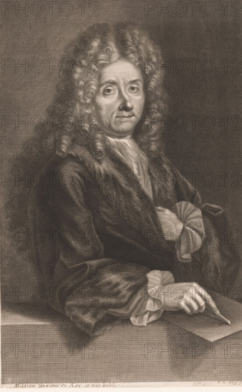Portrait of Antoine Masson, print, printmaker: P. Le Roi, 1700 - 1799, paper, engraving, height 324 mm x width 208 mm, Person, Antoine Masson, historical persons, tools, implements of graphic artist, portrait, self-portrait or graphic artist, A monochrome engraved portrait of a seated person with long, tightly curled hair, wearing a heavy fur-trimmed coat over a light shirt with ruffled cuffs; the figure looks toward the viewer with a neutral expression, one hand resting on a surface and the other holding a slender pen poised above a sheet of paper, with finely crosshatched shading creating texture across the clothing, hair, and background.