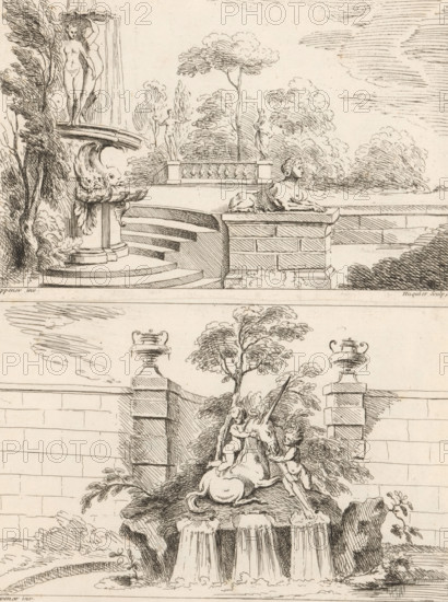 Garden with a fountain with naked women and dolphins by a sphinx, New book of fountains, Nouveau livre de fontaines, print, album page, ornamental print, This print is part of an album., printmaker: Gabriel Huquier, after design by Gilles Marie Oppenort, Paris, c. 1725 - c. 1750, paper, etching, height 127 mm x width 199 mm, The prints in this series are glued together in pairs to be bound into the book with the same format as the preceding pages., garden fountain, ornamental fountain, sphinx (lion, woman), 'Sphinge' (Ripa), A detailed pen-and-ink scene shows a formal garden with stone terraces, balustrades, and ornamental urns. In the upper section a carved fountain features two standing nude statues on a curved ledge beside a tiered basin with water spilling into a lower receptacle, and a reclining sphinx-like creature rests on a square plinth near trimmed trees and layered hedges under a sky with linear cloud strokes. Below, a central rocky mound supports a sculptural group of two c...