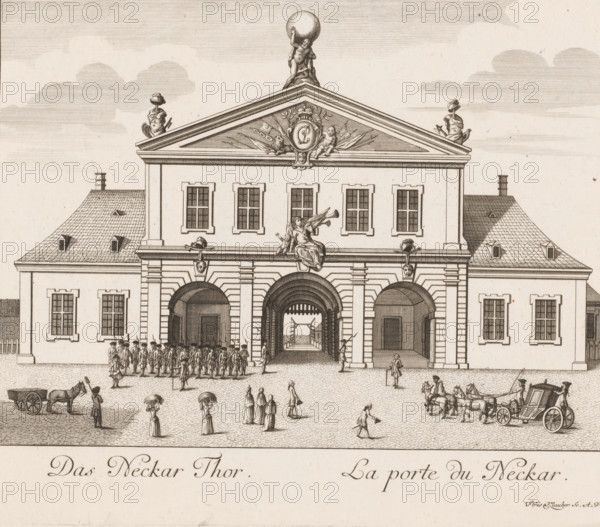 View of the Neckar Gate, in Mannheim, Das Neckar Thor, La porte du Neckar, Vues de Mannheim représentées sur vingt six planches, print, Numbered top right: 4., printmaker: Klauber, gebroeders, Augsburg, after drawing by Johann Franz von der Schlicht, publisher: Christian Friedrich Schwan, Mannheim, 1782, brothers, Bavaria, Baden-Württemberg, paper, etching, engraving, height 218 mm x width 284 mm, city-gate, A detailed engraving of a large classical building with a central pediment topped by a sculptural group holding a large sphere and flanked by seated figures, a row of windows beneath the pediment, and three large arched openings at ground level, flanked by pilasters and decorative faces; a reclining wing extends on each side with steep tiled roofs and small dormer windows, chimneys rising at the rooflines; sculpted ornamental figures and garlands adorn the facade around the pediment and above the central arch where a seated figure with a trumpet and a child are placed; in front of ...