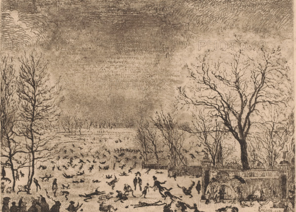 The Patinators, Skaters, print, printmaker: James Ensor, 1889, paper, etching, drypoint, intaglio printmaking technique, drypoint and plate tone, height 180 mm x width 240 mm, The skaters skate on the grounds of the Rousseau family in Watermaal near Brussels (Lebeer, 1971)., skates (winter sports), Watermaal-Bosvoorde, A sepia-toned landscape print showing bare trees with intricate branching on both sides and a textured sky above, a flat open area in the middle populated by many small figures and animals scattered across the ground, clusters of people gathered at the lower edges, and a fence with a small group of seated and standing figures beside it on the right.