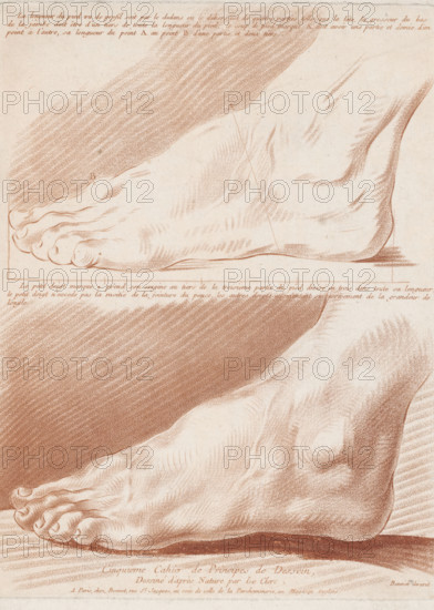 Title page with two feet, Compositions with human body parts, Cinquième Cahier de Principes de Dessein, print, title page, Series number, 1, 6, printmaker, after design by, supervision, publisher, Paris, Pierre Thomas Le Clerc, paper, crayon manner, crayon manner in brown, height 280 mm x width 208 mm, This print is part of an album consisting of at least eleven parts. These albums probably served as examples for draftsmen, painters, and engravers., foot, A sepia-toned drawing of two human feet seen from the side and slightly above, showing detailed contouring of toes, nails, arches, and ankle bones, with fine hatch shading indicating muscle and skin texture, a rectangular baseline under the top foot, and subtle cross-hatched background areas.