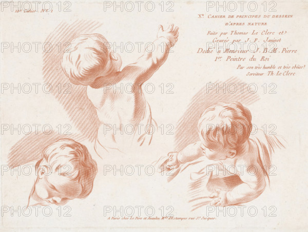 Title print with three children, Compositions with parts of the human body, Pierre-Michel Avaulez, Charles, Paris, dedicated by: Pierre Thomas Le Clerc, dedicated to: Jean Baptiste Marie Pierre, 1773 - 1777, Jean François Janinet, Le Père & Pierre-Michel Avaulez, printmaker, after drawing by, publisher, France, paper, crayon manner, crayon manner in red, height 213 mm x width 295 mm, This print is part of an album that consists of at least consists of eleven parts. This is the first page of the tenth album. These albums probably served as examples for draftsmen, painters, and engravers., A sepia-toned drawing showing three studies of a young child from different angles on a textured off-white background, each figure rendered with soft hatched shading and curled short hair; one study depicts the child viewed from behind with an arm raised and fingers spread, another shows the child leaning forward with hands resting and a draped cloth around the shoulders, and the third presents the chi...