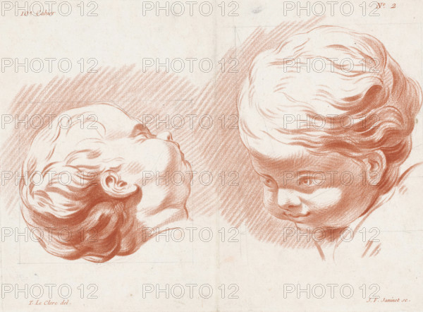 Two heads of children, Compositions with parts of the human body, dedicated by: Pierre Thomas Le Clerc, dedicated to: Jean Baptiste Marie Pierre, 1773 - 1777, Jean François Janinet, Le Père & Pierre-Michel Avaulez, Charles, printmaker, after drawing by, publisher, Paris, paper, pencil, crayon manner, crayon manner in red with pencil lines, height 213 mm x width 293 mm, This print is part of an album consisting of at least eleven parts. This is the second page of the tenth album. These albums probably served as examples for draftsmen, painters, and engravers., Two red chalk sketches of a child's head occupy the page, one shown in profile looking upward with curly hair rendered in flowing strokes and soft shading, the other a three-quarter view looking downward with expressive eyes, rounded cheeks, and similarly detailed wavy hair; both heads are set against hatched shading and drawn on a textured, off-white sheet with faint guide lines and subtle creases.