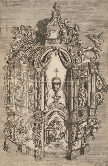 Tabernacle with dome and saints, Neues Zierathen Buch, Designs for altars, tabernacles, epitaphs, fireplaces, sleds, album page, ornamental print, Series number, 2, 34, In the center a chalice with the Pietà. On the left the apostles Judas and Simon Zelotes, on the right St. Mary Magdalene. This print is part of an album., printmaker, after design by, publisher, Bavaria, Nuremberg, Wemding, paper, engraving, height 345 mm x width 227 mm, chalice, auricular ornament, lobe style, ornament, tabernacle, altar, An ornate architectural engraving showing a central arched niche flanked by elaborate columns and scrollwork, with a draped curtain framing a pedestal topped by a chalice-like vessel and a small crucifix above it; the structure is richly decorated with carved faces, putti, winged cherubs, and flowing acanthus foliage, and features multiple sculpted figures set into niches, including a seated maternal figure holding a child and standing figures in classical drapery, all rendered in fi...