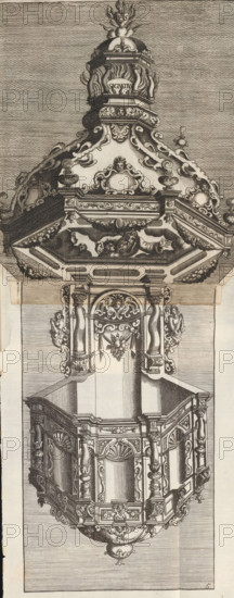 Pulpit, Designs for altars, tabernacles, epitaphs, mantelpieces, sleds, Neues Zierathen Buch, album page, ornament print, Series number, 5, 34, This print is part of an album., printmaker, after design by, publisher, Bavaria, Nuremberg, Wemding, paper, engraving, height 250 mm x width 218 mm x height 17 mm x width 171 mm x height 249 mm x width 167 mm, Partly facsimile., ambo, chancel, auricular ornament, lobe style, ornament, A vertically oriented engraved depiction of an ornate architectural canopy and balcony, featuring intricate baroque ornamentation throughout. The upper portion shows a domed structure topped by flame-like decorative elements, layered scrollwork, and carved mask motifs. Beneath the dome the canopy flares into a heavily decorated cornice with acanthus leaves, volutes, and sculpted faces, and a recessed underside containing a carved reclining bearded figure set among cloud-like forms. Supporting the canopy are pairs of twisted and fluted columns with richly carved c...