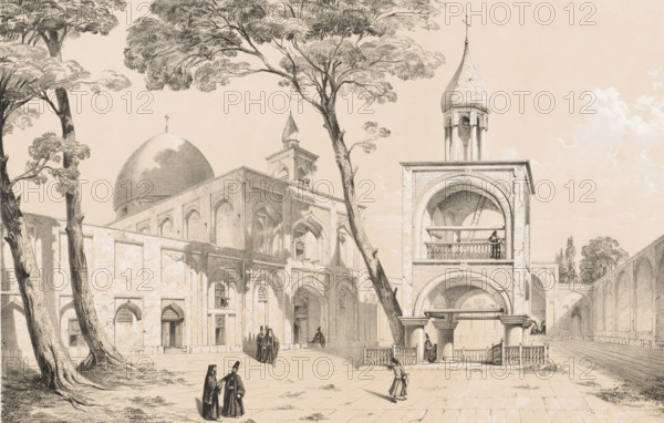 Vank Cathedral of Isfahan, Église de Djoulfa Ispahan, Persian landscapes, Perse modern, print, book illustration, Top left of the image the series title, top right the plate number 'Pl. XLII'., printmaker: Eugène Flandin, printer (person): Thierry frères, Paris, publisher: Gide et J. Baudry, 1843 - 1854, printer (person), paper, tone lithography, height 430 mm x width 509 mm, The official name of the cathedral is Holy Savior Cathedral. From: Coste, Pascal-Xavier and Eugène Napoléon Flandin. Voyage en Perse de mm. Eugène Flandin, peintre, et Pascal Coste, architect, 8 vols. Paris: Gide et Jules Baudry, 1843-1854., church (exterior), Orthodox Churches, Isfahan, A wide architectural courtyard scene rendered in monochrome shows a domed building with arched openings and ornate façades, adjacent to a tall open bell tower with rounded arches, columns, and a conical roof; trees with textured trunks and leafy canopies stand in the foreground, their branches extending over the courtyard; figures...