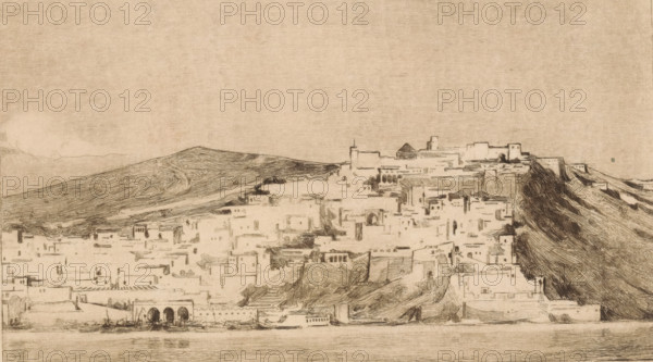 View of Tangier (original title), print, The city of Tangier, situated on a hill in northern Morocco., printmaker: Wijnand Otto Jan Nieuwenkamp (signed by artist), 1896, paper, etching, intaglio printmaking technique, etching with plate tone on copper, height 139 mm x width 199 mm, city-view in general, 'veduta', low hill country, North Africa, Tangier, A wide sepia-toned sketch of a hillside town by a body of water, with closely clustered rectangular buildings and flat roofs rising up the slope toward a fortified area at the crest, delineated by heavier lines and shaded masses. The foreground shows calm water with faint horizontal strokes and a low waterfront wall with three large rounded arches and small boats moored nearby. Terraced structures, narrow openings, and simple architectural forms fill the midsection, interspersed with areas of darker cross-hatching that suggest shadowed alleys and slopes. The hill to the left features swirling linear shading that follows its contours, wh...