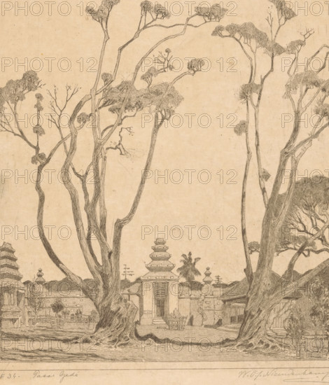 Pasar Gedé (original title), Courtyard with two waringin trees near Yogyakarta on Java, print, In the background two gates., printmaker: Wijnand Otto Jan Nieuwenkamp (signed by artist), 1898-12, paper, zinc etching, intaglio printmaking technique, etching with plate tone on zinc, height 318 mm x width 277 mm, courtyard, trees, gate, entrance, Java, Central Java, Yogyakarta, A detailed pencil drawing on aged paper showing tall, gnarled trees with twisted trunks and sparse, rounded foliage framing a central scene; between the trees a stepped gateway with ornate tiered roof elements stands above a doorway, flanked by low walls and smaller architectural details, with additional tiered structures visible to the left and right; the foreground features exposed tree roots and textured ground, while the midground includes small plants, fences, and low buildings; the sky area is empty and the whole image has fine linework and a sepia tone.