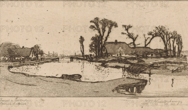 Farms along the Rijpwetering in South Holland, South Holland canal (original title), print, In the foreground a jetty., printmaker: Wijnand Otto Jan Nieuwenkamp (signed by artist), 1901, paper, zinc etching, intaglio printmaking technique, etching with plate tone on zinc, proof print, height 137 mm x width 226 mm, farm (building), canals, waters (in village), Rijpwetering, A monochrome etching of a riverside scene showing a curving shoreline and a calm body of water with small ripples, a solitary rowboat drawn up near the bank, and a simple wooden jetty projecting into the water. Along the far bank are thatched-roof cottages and long low buildings set among tall, leafless trees with tangled branches. Low grassy embankments and fenced sections border the water, and a narrow bridge or footbridge spans a channel in the middle distance. The sky is empty and plain, and the overall image is rendered with fine, dark linework on a light, slightly speckled background.