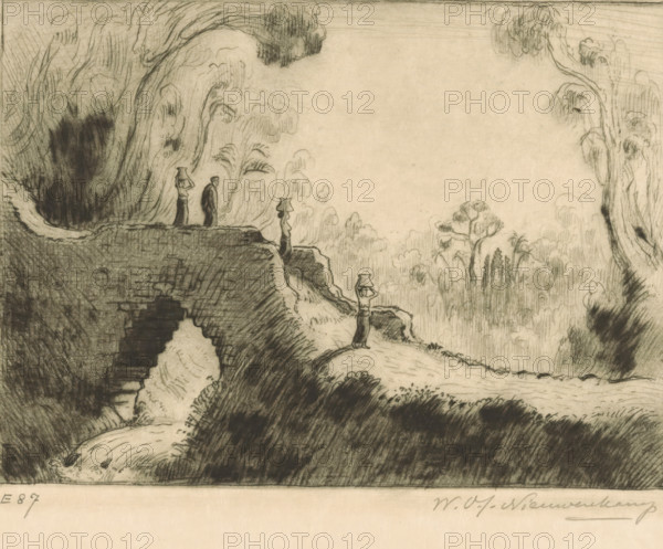 The Little Bridge (original title), Bridge at Marga on Bali, print, Several women are walking on the bridge carrying an earthenware jug on their heads., printmaker: Wijnand Otto Jan Nieuwenkamp (signed by artist), 1907-06, paper, etching, intaglio printmaking technique, etching with plate tone on copper, height 128 mm x width 181 mm, carrying something on the head or on the shoulders, bridge, Bali, Marga, A monochrome pencil or charcoal landscape showing a rocky cliff with a stairway cut into it and a winding path leading along the edge, framed by tall, sweeping trees and dense vegetation rendered in curving, textured lines; three small human figures stand on the cliff and path, two carrying vessels on their heads and one standing with hands at the sides, while a carved vertical stone or marker stands near the cliff edge; distant trees and foliage fill the background under a wide, open sky.