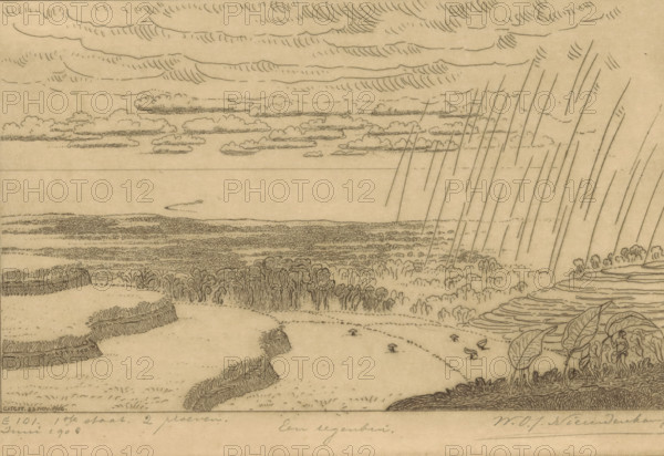 A rain shower (original title), Rain shower over the rice fields near Gitgit on Bali, print, In the background the Java Sea., printmaker: Wijnand Otto Jan Nieuwenkamp (signed by artist), 1908-06, paper, etching, intaglio printmaking technique, etching with plate tone on copper, proof print, height 158 mm x width 237 mm, coast, sawahs, rice paddies, downpour, rain shower, Bali, Gitgit, Java Sea, A horizontal pen drawing of a landscape showing layered cloud formations across the sky, a distant flat horizon, and a band of rain represented by long diagonal lines falling at an angle; below the horizon are textured fields and clusters of vegetation with small rounded bushes and taller plant forms, terraced or stepped landforms with hatched shading, and curving ground contours; in the foreground on the right are large detailed leaves and plants, while the lower center shows a winding path with tiny umbrella-like shapes and small scattered objects.