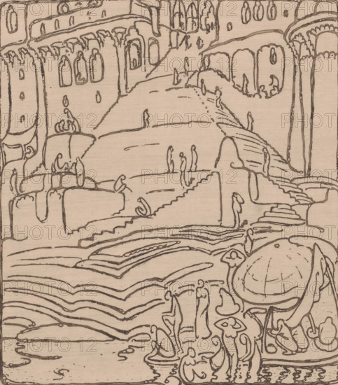 Buildings with stairs to a riverbank with bathing figures, Terraces on the Ganges (original title), print, printmaker: Wijnand Otto Jan Nieuwenkamp (signed by artist), 1915-06-19, paper, Japanese paper (handmade paper), zinc etching, drypoint, intaglio printmaking technique, zinc etching and drypoint, with plate tone, on Japanese paper, height 369 mm x width 317 mm, river, terrace, Ganges (river), An intricate line drawing on a tan background showing layered rounded structures, stepped platforms, and arching forms, with numerous small upright humanlike silhouettes scattered across terraces and pathways, curved windowlike openings and decorative scalloped edges on building facades, flowing undulating lines in the foreground suggesting ripples or contours, and a large dome shape with segmented lines near the right side.