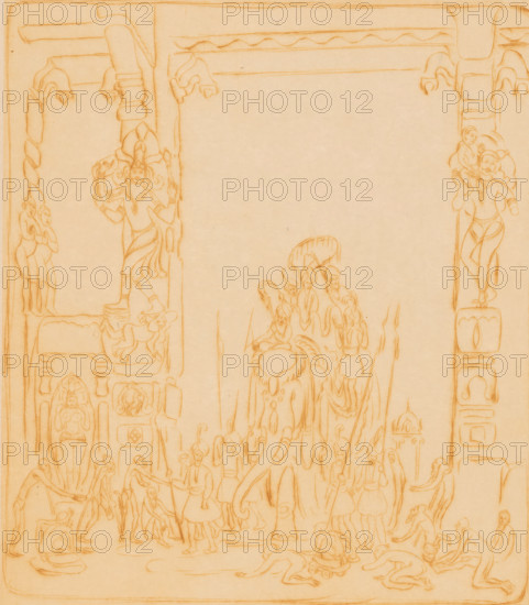 Figures on an elephant under a gate in Madurai, Rich and poor (original title), print, The elephant is accompanied by figures with spears. The gate is decorated with sculptures. In the foreground, kneeling figures holding up their hands in a begging gesture., printmaker: Wijnand Otto Jan Nieuwenkamp, 1917, paper, drypoint, intaglio printmaking technique, drypoint and plate tone in brown, height 303 mm x width 222 mm, contrast between rich and poor, beggar, city-gate, trunked animals: elephant, riding on animal other than horse, ass, or mule, South India, Tamil Nadu, Madurai, A sepia-toned line drawing fills the image with a central large elephant facing left surrounded by numerous human figures, some standing, some kneeling, and some carrying items, all rendered in fine, continuous outlines; ornate vertical pillars flank the scene on both sides, each decorated with carved human and animal figures and small architectural niches; above the elephant a group of smaller figures cluster unde...