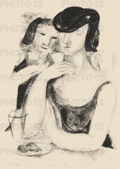 Two drinking women, print, printmaker: Jean-Louis Boussingault (signed by artist), 1893 - 1943, paper, lithography, height 388 mm x width 282 mm, inn, coffee-house, public house, drinking, A monochrome sketch shows two women close together, one seated in the foreground with a bare-shouldered dress and stylized dark hair swept across her forehead, her hand raised near her neck and her eyes cast downward; behind her a second woman leans in with darker hair and a softer, smudged facial rendering, resting close to the first woman's shoulder. The foreground woman wears a low neckline with visible shading suggesting fabric folds, and a plate with rounded objects is placed near the lower edge of the image. The drawing features varied pencil or charcoal textures, areas of dense dark shading for hair and garments, and lighter, more diffuse strokes for faces and background, with an overall soft, sketch-like quality.