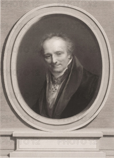 Portrait of Dominique Vivant Denon, print, printmaker: Adolphe Joseph Huot, after painting by Pierre Prud'hon, 1870, Adolphe Joseph Huot, Pierre Prud'hon, paper, chine collé, engraving, height 399 mm x width 299 mm, Person, Dominique Vivant Denon (baron), historical persons, portrait, self-portrait of graphic artist, An oval-framed engraved portrait of a middle-aged man shown from the chest up, wearing a dark coat with a high collar and a light-colored cravat, his face turned slightly and showing a faint smile, fine hair combed back from his forehead, and a decorative pendant at his throat; the portrait is set against a densely hatched background and surrounded by concentric oval borders and a base with horizontal and vertical lined shading.