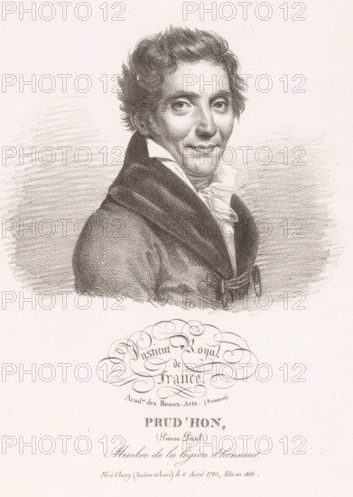 Portrait of Pierre Prud'hon, Institut Royal de France, Prud'hon, Pierre Paul, print, printmaker: Julien-Léopold Boilly, 1820, paper, lithography, height 298 mm x width 222 mm, Person, Pierre Prud'hon, historical persons, portrait, self-portrait of artist, A sepia-toned portrait drawing of a man shown from the chest up wearing a dark coat with a high collar and a light-colored cravat, his hair styled in loose waves, his face turned slightly toward the viewer with a faint closed-mouth expression, shaded pencil strokes forming the background and clothing, decorative flourishes partially visible below the portrait.