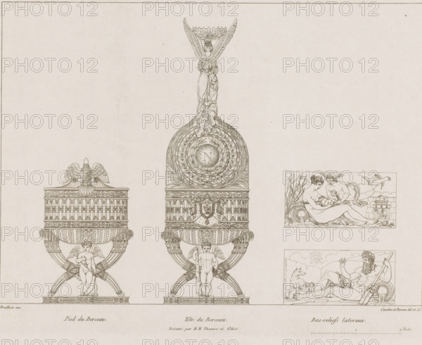 Different views of cradle, Furniture donated to Marie Louise of Austria, Description of the toilette present with a majestée l'impératrice-reine, print, Series number, 5, printmaker: Adrien Louis Marie Cavelier, printmaker: Jean Antoine Pierron, after design by Jean Baptiste Claude Odiot, after design by Pierre Philippe Thomire, after design by Pierre Prud'hon, printer (person): Christophe Jean François Ballard, Paris, publisher: Jean Antoine Pierron, publisher: Adrien Louis Marie Cavelier, 1811, Jean Baptiste Claude Odiot, Pierre Philippe Thomire, Pierre Prud'hon, Christophe Jean François Ballard, printmaker, after design by, printer (person), publisher, paper, etching, height 239 mm x width 321 mm, Part of a cover with prints featuring furniture designed by Pierre Prud'hon. This furniture was presented to Marie Louise of Austria on the occasion of the birth of her son Francis Charles Joseph Napoleon II Bonaparte., furniture for babies, A detailed line drawing shows three tall ornamen...