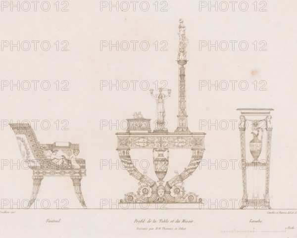 Dressing table with chair and washbasin, Description of the toilette present with a majestée l'impératrice-reine, Furniture donated to Marie Louise of Austria, print, Series number, 3, 5, printmaker: Adrien Louis Marie Cavelier, printmaker: Jean Antoine Pierron, after design by Jean Baptiste Claude Odiot, after design by Pierre Philippe Thomire, after design by Pierre Prud'hon, printer (person): Christophe Jean François Ballard, Paris, publisher: Jean Antoine Pierron, publisher: Adrien Louis Marie Cavelier, 1811, Jean Baptiste Claude Odiot, Pierre Philippe Thomire, Pierre Prud'hon, Christophe Jean François Ballard, printmaker, after design by, printer (person), publisher, paper, etching, height 239 mm x width 316 mm, Part of a cover with prints featuring furniture designed by Pierre Prud'hon. This furniture was presented to Marie Louise of Austria on the occasion of the birth of her son Francis Charles Joseph Napoleon II Bonaparte., table, mirror, jug and basin, wash-basin, The image s...