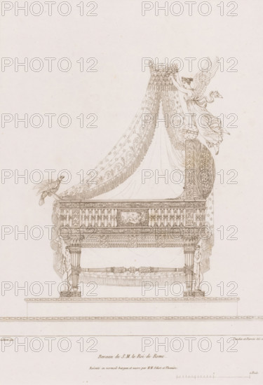 Cradle awarded with Glory, Furniture given to Marie Louise of Austria, Description of the toilette with a majestée l'impératrice-reine, print, Series number, 4, 5, printmaker: Adrien Louis Marie Cavelier, printmaker: Jean Antoine Pierron, after design by Jean Baptiste Claude Odiot, after design by Pierre Philippe Thomire, after design by Pierre Prud'hon, printer (person): Christophe Jean François Ballard, Paris, publisher: Jean Antoine Pierron, publisher: Adrien Louis Marie Cavelier, 1811, Jean Baptiste Claude Odiot, Pierre Philippe Thomire, Pierre Prud'hon, Christophe Jean François Ballard, printmaker, after design by, printer (person), publisher, paper, etching, height 322 mm x width 242 mm, Part of a cover with prints of furniture designed by Pierre Prud'hon. This furniture was presented to Marie Louise of Austria on the occasion of the birth of her son Francis Charles Joseph Napoleon II Bonaparte., Honour, Glory, 'Ampiezza della Gloria', 'Gloria', 'Gloria de prencipi', 'Gloria & Ho...