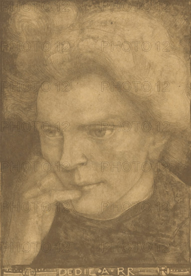 Dedie A RR, Portrait of an unknown woman, print, The woman supports her head with her hand., printmaker: Richard Nicolaüs Roland Holst, 1912-11, paper, lithography, height 465 mm x width 340 mm, anonymous historical person portrayed - BB - woman, hand(s) bent towards the head, A close-up sepia-toned drawing of a person's face and hand, showing wavy hair, a forehead, eyes looking slightly down and to the side, a straight nose, closed lips, and a hand resting against the cheek with fingers near the mouth, rendered with soft shading and textured pencil or charcoal strokes.