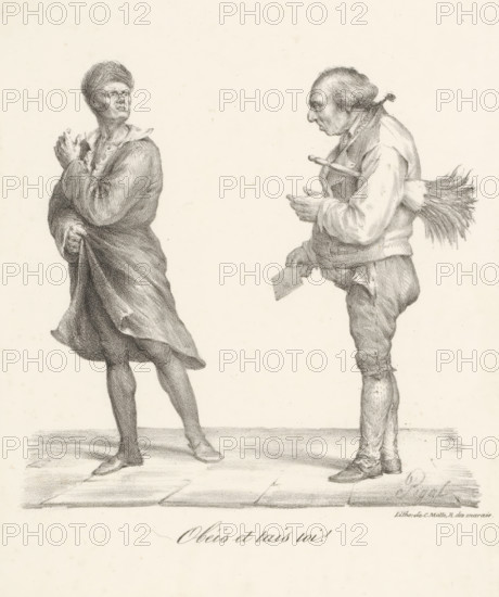 Man in loose-fitting coat looks haughtily at man with feather duster and letter, Obéis et tais toi!, print, printmaker: Edme Jean Pigal, printer (person): Charles Etienne Pierre Motte, Paris, 1822, printer (person), paper, lithography, height 275 mm x width 214 mm, adult man ( + one person), A pencil drawing of two standing figures facing each other on a tiled floor, one wearing a loose cloak and a headwrap with hands clasped near the chest and a turned expression, the other wearing a vest and rolled sleeves with a bundle of long stalks strapped to the back, holding a rectangular object in one hand and gesturing with the other, both shown in full length with detailed shading and textured clothing.