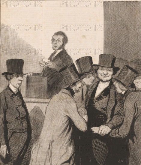 Caricature of two candidates after the election results, L'Élection, Scenes with members of parliament, Parliamentary scenes, cartoon, Series number, 2, printmaker: Honoré Daumier, Paris, printer (person): Aubert & Cie., publisher: Pannier & Cie., 1843, Honoré Daumier, Aubert & Cie., Pannier & Cie., printmaker, printer (person), publisher, paper, lithography, height 285 mm x width 214 mm, Print published in: Le Charivari, Aubert: Paris, 08-04-1843. Le Charivari was a humorous newspaper with caricatures and (political) cartoons., voting, election, political caricatures and satires, caricatures (human types), A charcoal drawing of several men wearing dark top hats and formal coats gathered together, with one man in profile leaning forward and clasping his hands, another standing with a slight smile and folded hands, and a stern-faced man standing apart on the left; behind them a shorter figure with round glasses stands at a raised desk holding a sheet of paper, and the background shows s...