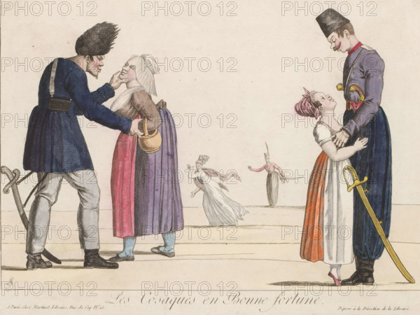 Les Cosaques en Bonne Fortune, Cossacks on the path of love, cartoon, print, Cossacks meeting French women., printmaker: Adrien Godefroy, France, publisher: Aaron Martinet, Paris, c. 1814 - c. 1815, paint (coating), paper, watercolor (paint), etching, engraving, hand coloring, etching and engraving, hand-colored, height 215 mm x width 292 mm, soldiers and civilians, Cossacks, A colored engraving shows two pairs of figures facing each other on a pale background with horizontal lines suggesting a floor; on the left a tall man with a dark shaggy hat and a long dark coat leans forward, one hand under the chin of a shorter woman wearing a white head covering, a brown bodice, and a skirt with vertical purple and red panels while she holds a small basket at her side; on the right a tall man in a dark uniform with a high hat and a sash looks down at a shorter woman who gazes up at him, she wears a pink headscarf, a white bodice, and a skirt with red and white panels and stands on tiptoe with h...