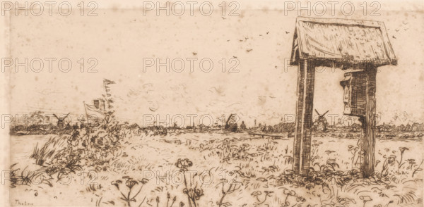 Meadows at the Kaag, with mailbox, Mailbox, Kaag (original title), print, printmaker: Willem Bastiaan Tholen (signed by artist), 1870 - 1914, paper, etching, intaglio printmaking technique, height 130 mm x width 275 mm, meadow, pasture, postal service, A sepia-toned landscape drawing shows a grassy foreground with various small wildflowers and clumps of vegetation, leading to an open field that stretches toward a distant horizon. Near the right edge stands a tall wooden structure with a pitched roof and two vertical supports, casting a shadow on the ground; an object hangs from one of its sides. In the middle distance, low shrubs and reeds line the edge of a waterway, and a sailboat is partially visible with a raised sail. Far across the field on the horizon are several windmills and small buildings, and a scattering of birds is drawn in the sky above. The scene is rendered with fine, sketch-like lines and soft shading, with mottling and faint spots across the surface.